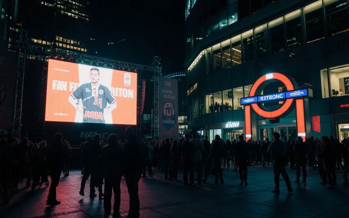 夜晚的城市广场巨幕观赛与地铁人流，世界杯公共空间氛围