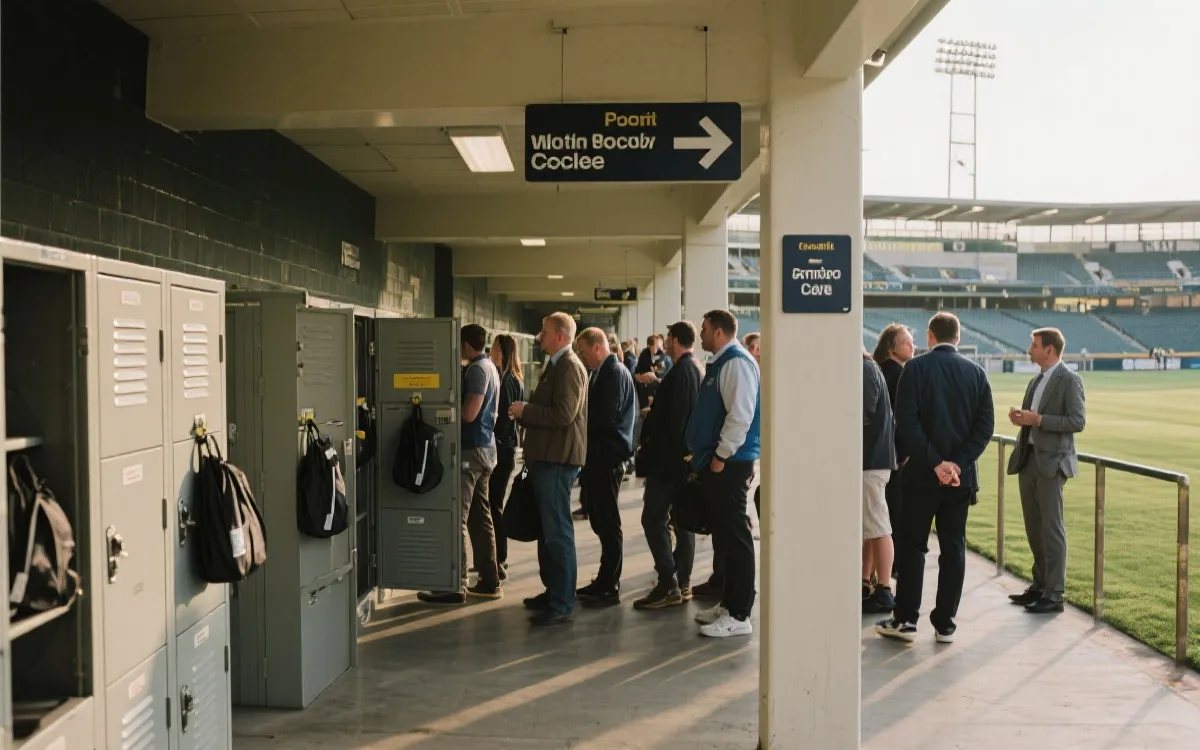 球场寄存柜与取件队列的场景，冷静纪实、强调秩序与指引