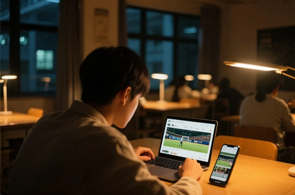 校园夜晚自习室里用笔记本看赛事回放，手机显示低流量集锦，体现学生党省流策略